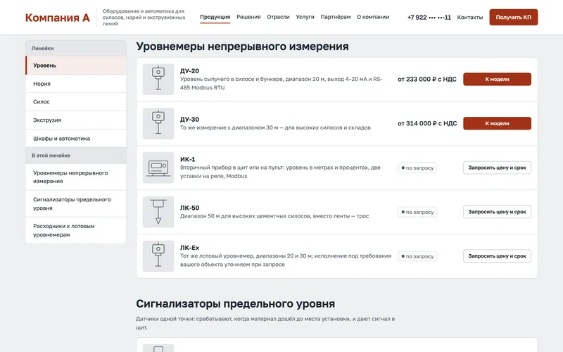 Каталог линейки: слева меню линеек, справа карточки моделей с ценой «от» или «по запросу»